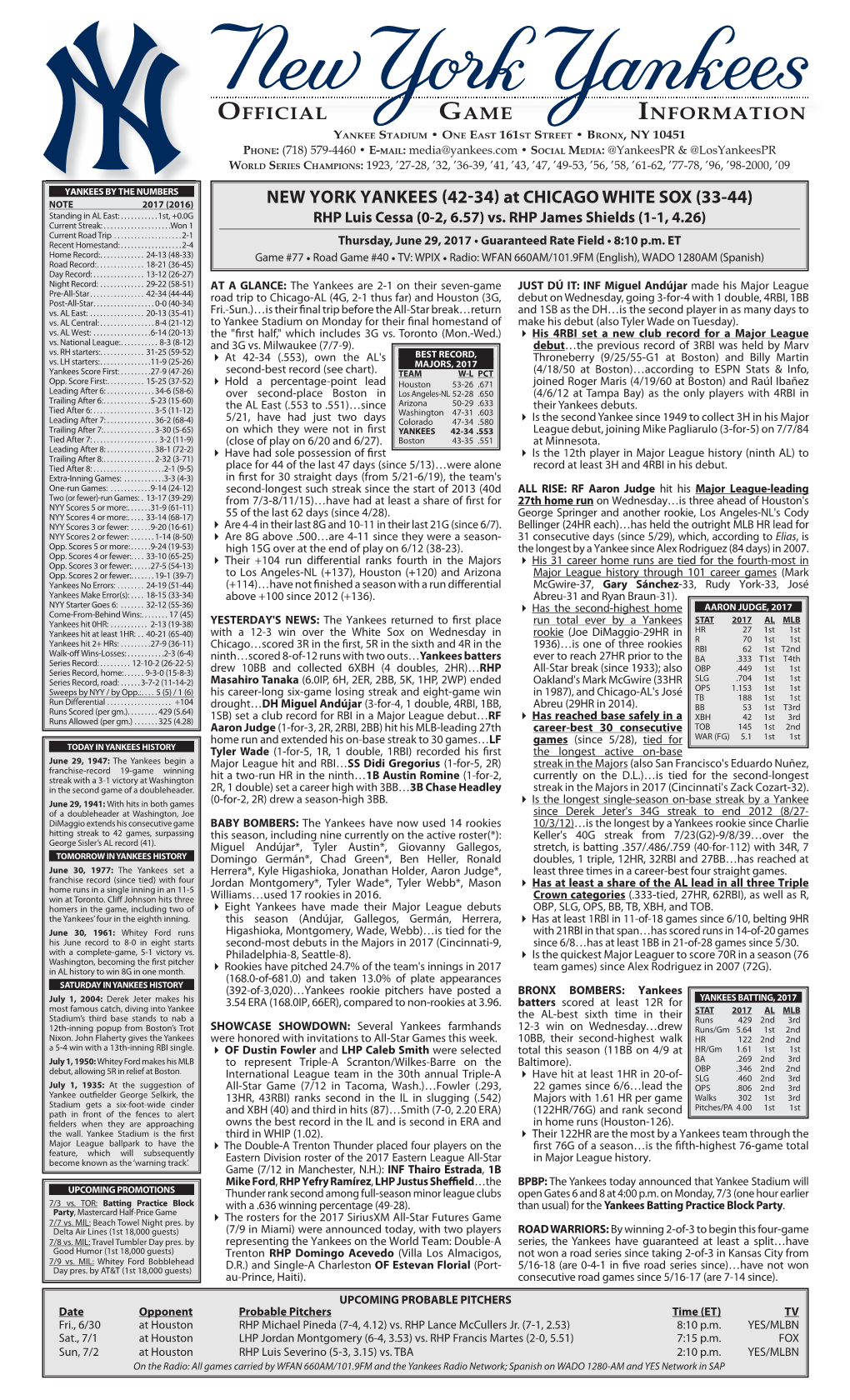 NYY Game Notes