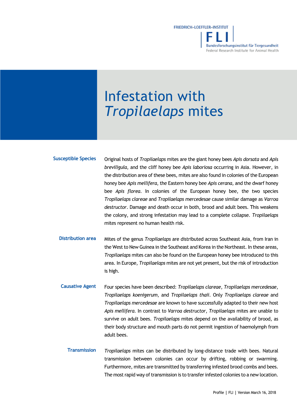 Profile Infestation with Tropilaelaps Mites, Version March 16, 2018