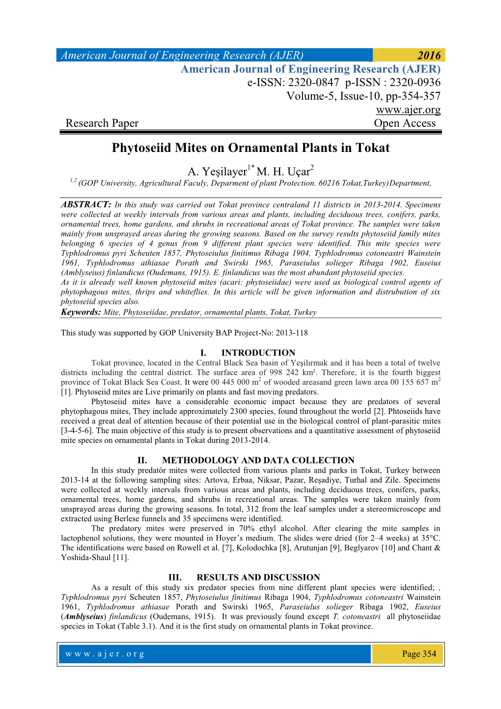 Phytoseiid Mites on Ornamental Plants in Tokat