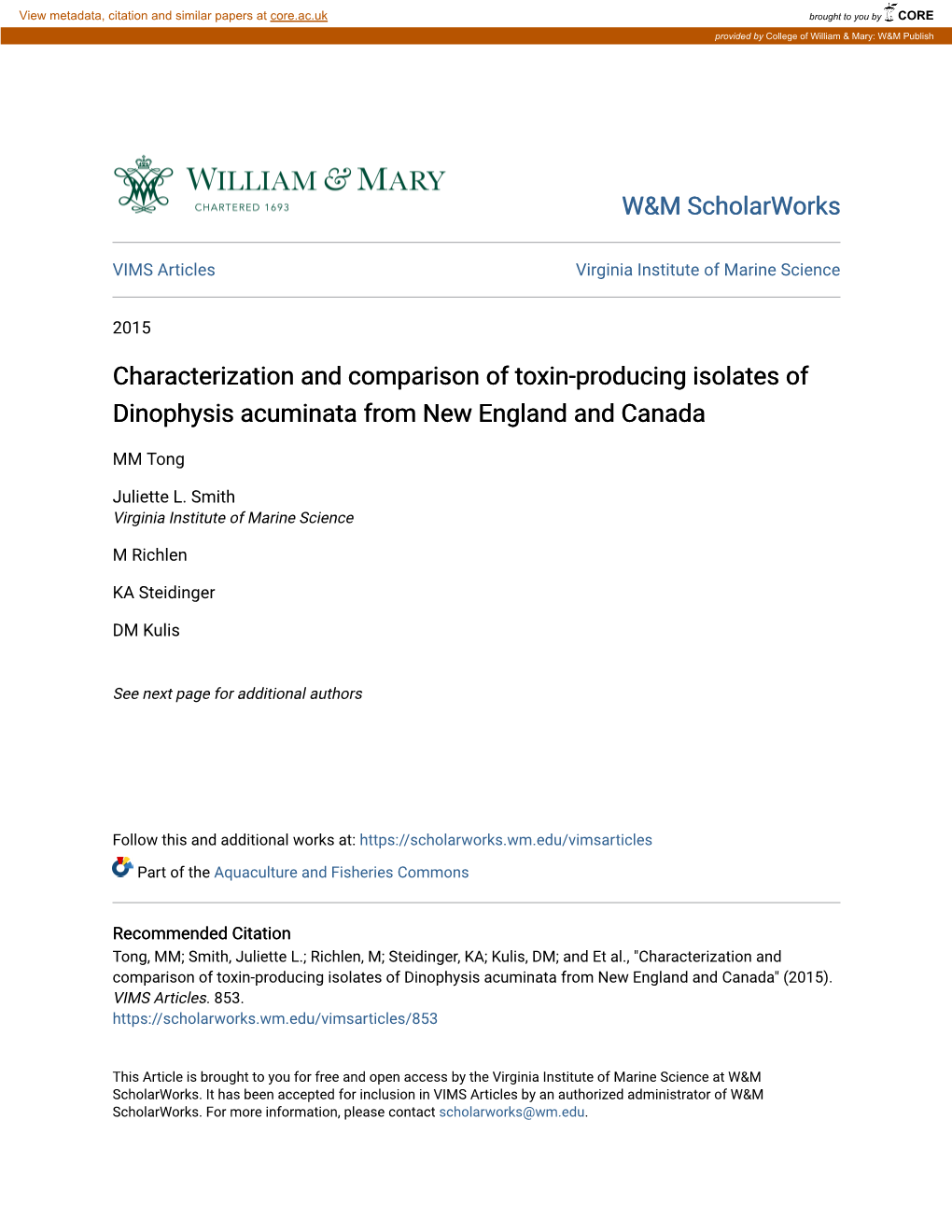 Characterization and Comparison of Toxin-Producing Isolates of Dinophysis Acuminata from New England and Canada