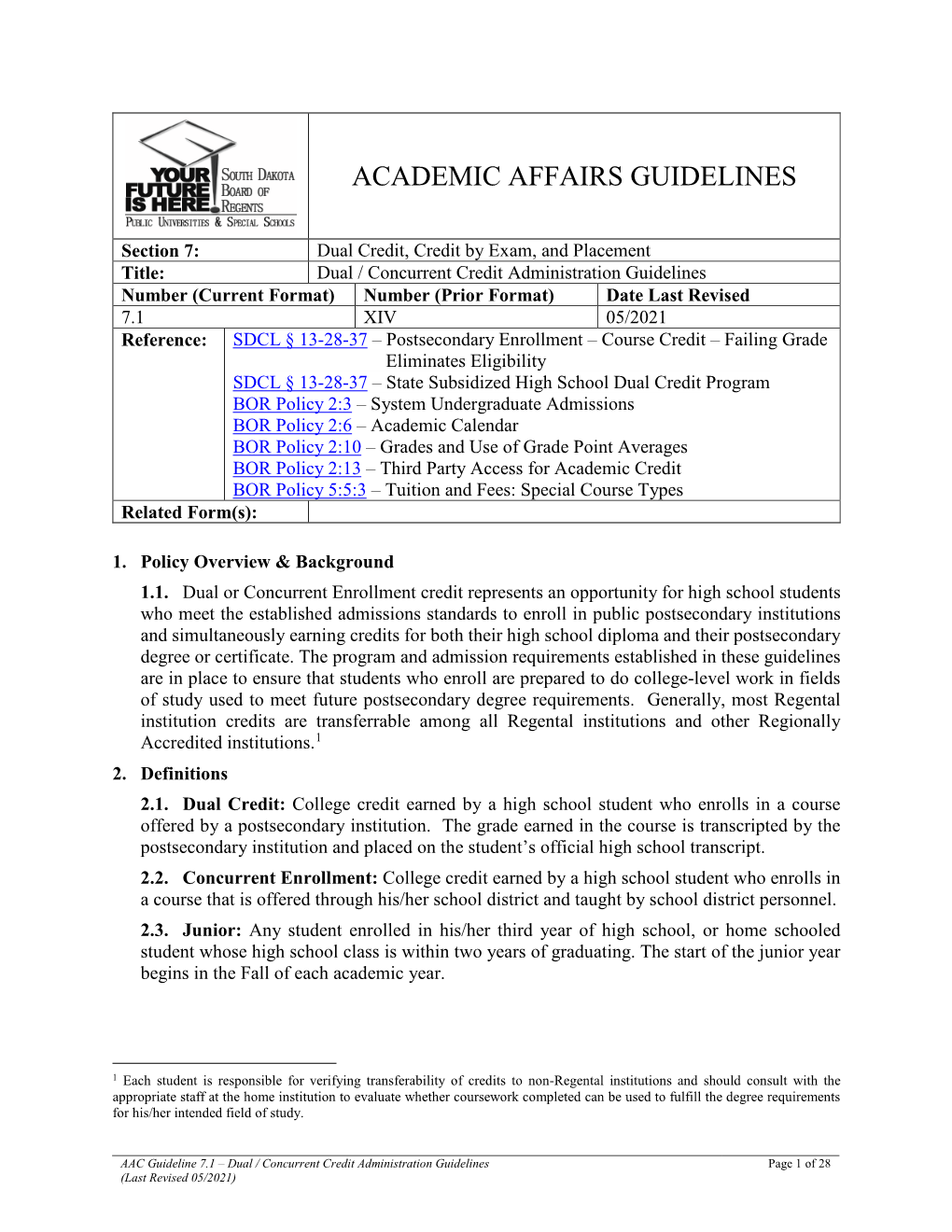 Academic Affairs Guideline 7.1 – Dual and Concurrent Credit