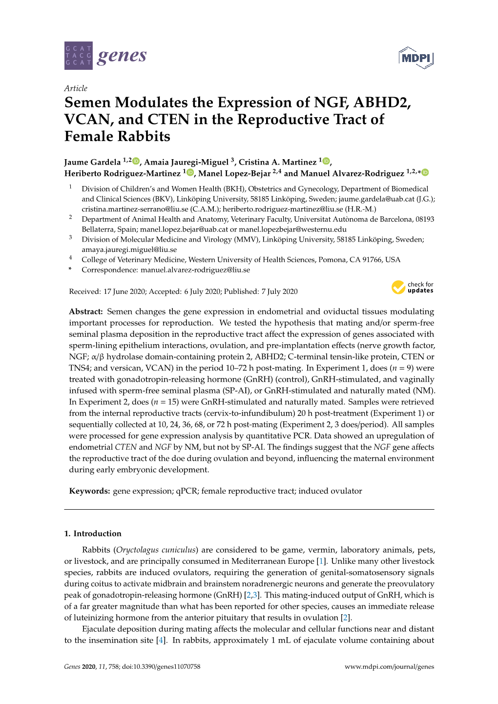 Semen Modulates the Expression of NGF, ABHD2, VCAN, and CTEN in the Reproductive Tract of Female Rabbits