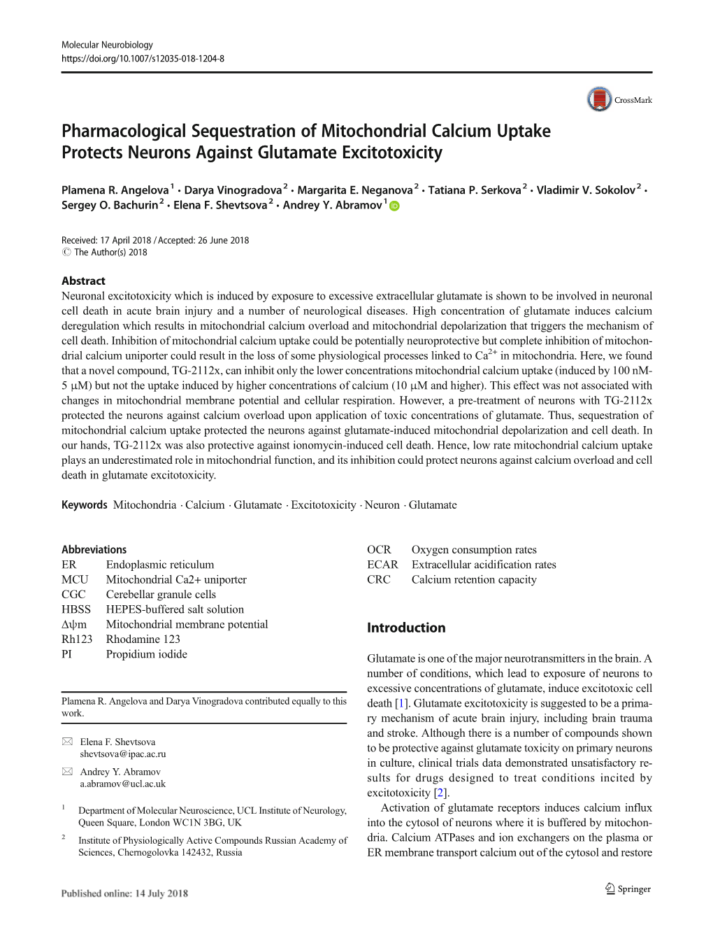 Pharmacological Sequestration of Mitochondrial Calcium Uptake Protects Neurons Against Glutamate Excitotoxicity