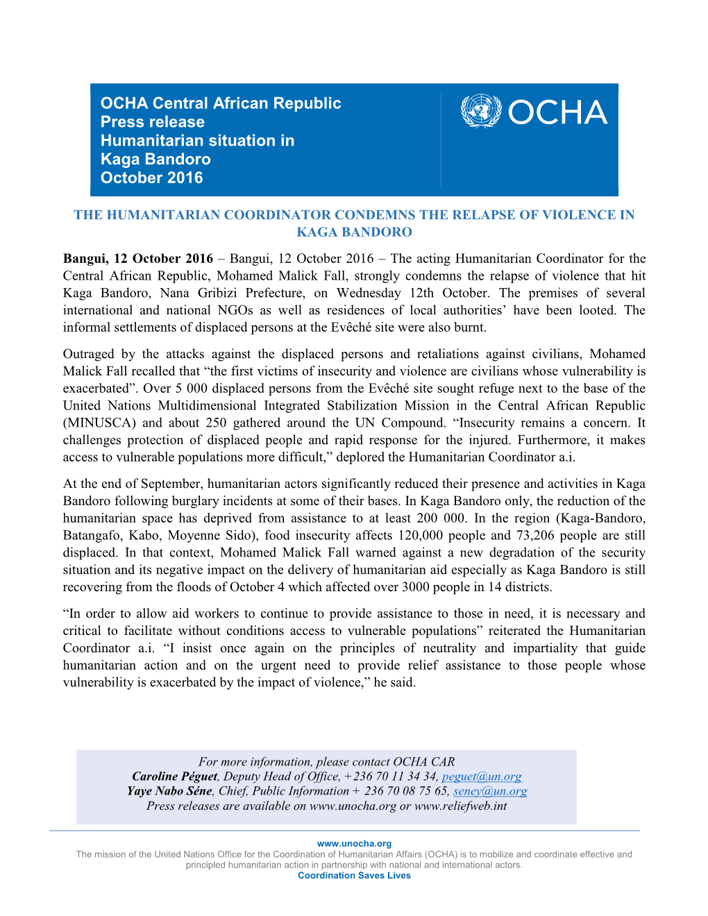 OCHA Central African Republic Press Release Humanitarian Situation in Kaga Bandoro October 2016
