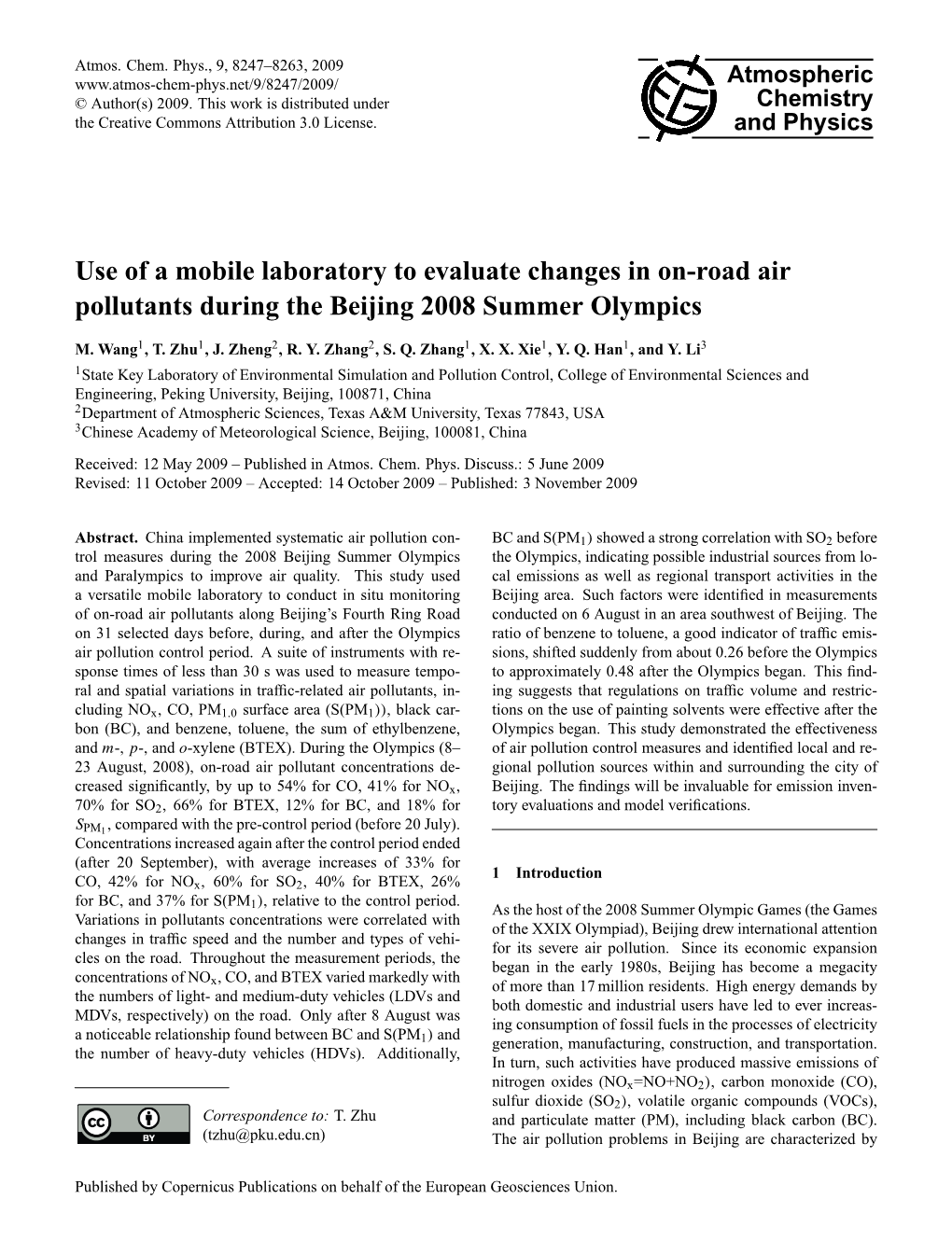 Use of a Mobile Laboratory to Evaluate Changes in On-Road Air Pollutants During the Beijing 2008 Summer Olympics
