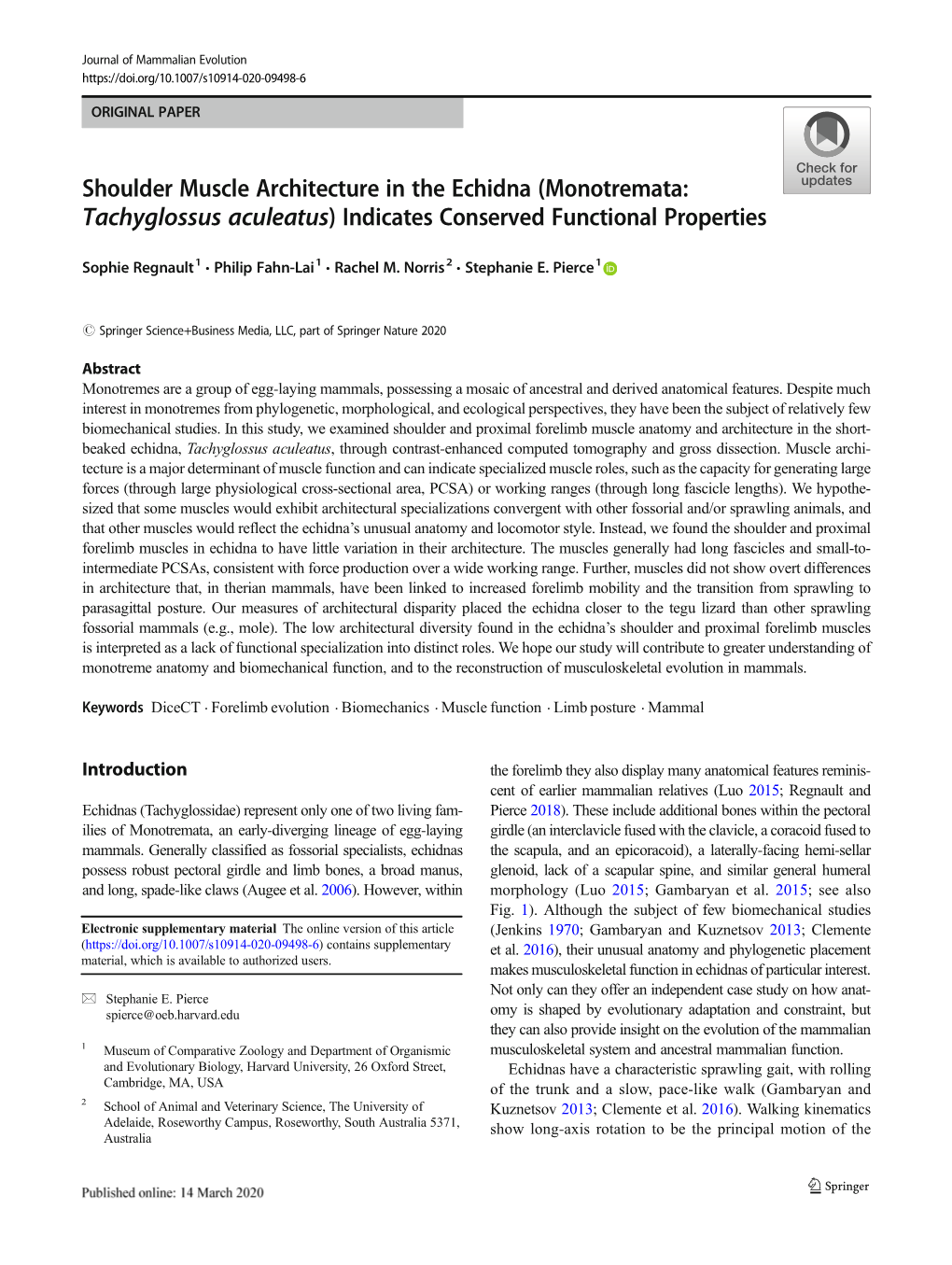 Shoulder Muscle Architecture in the Echidna (Monotremata: Tachyglossus Aculeatus) Indicates Conserved Functional Properties