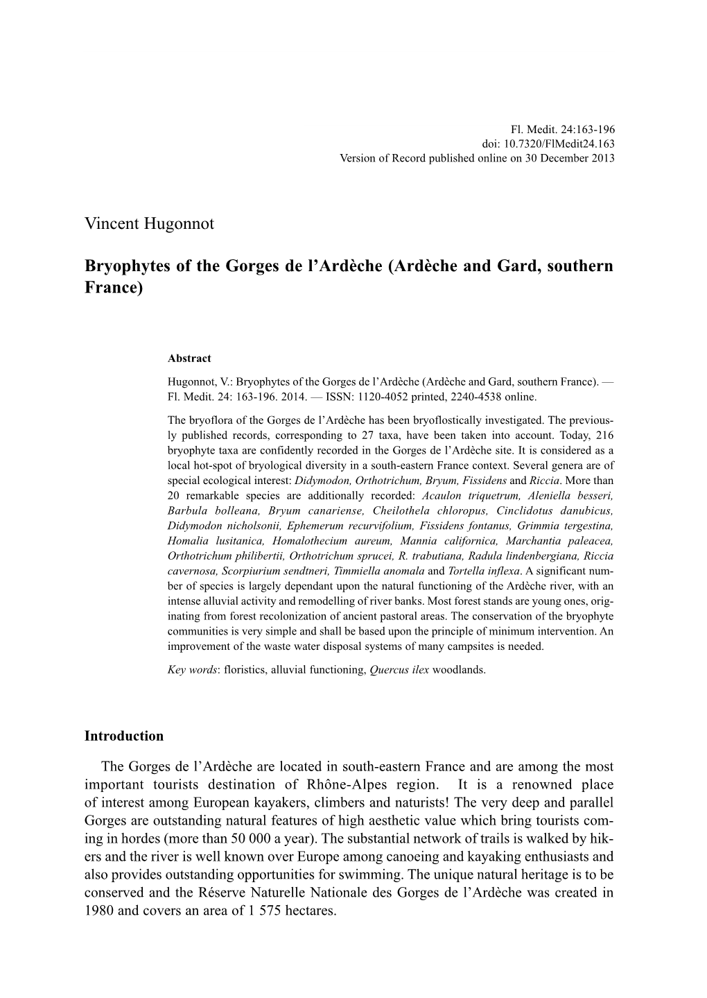 Vincent Hugonnot Bryophytes of the Gorges De L'ardèche