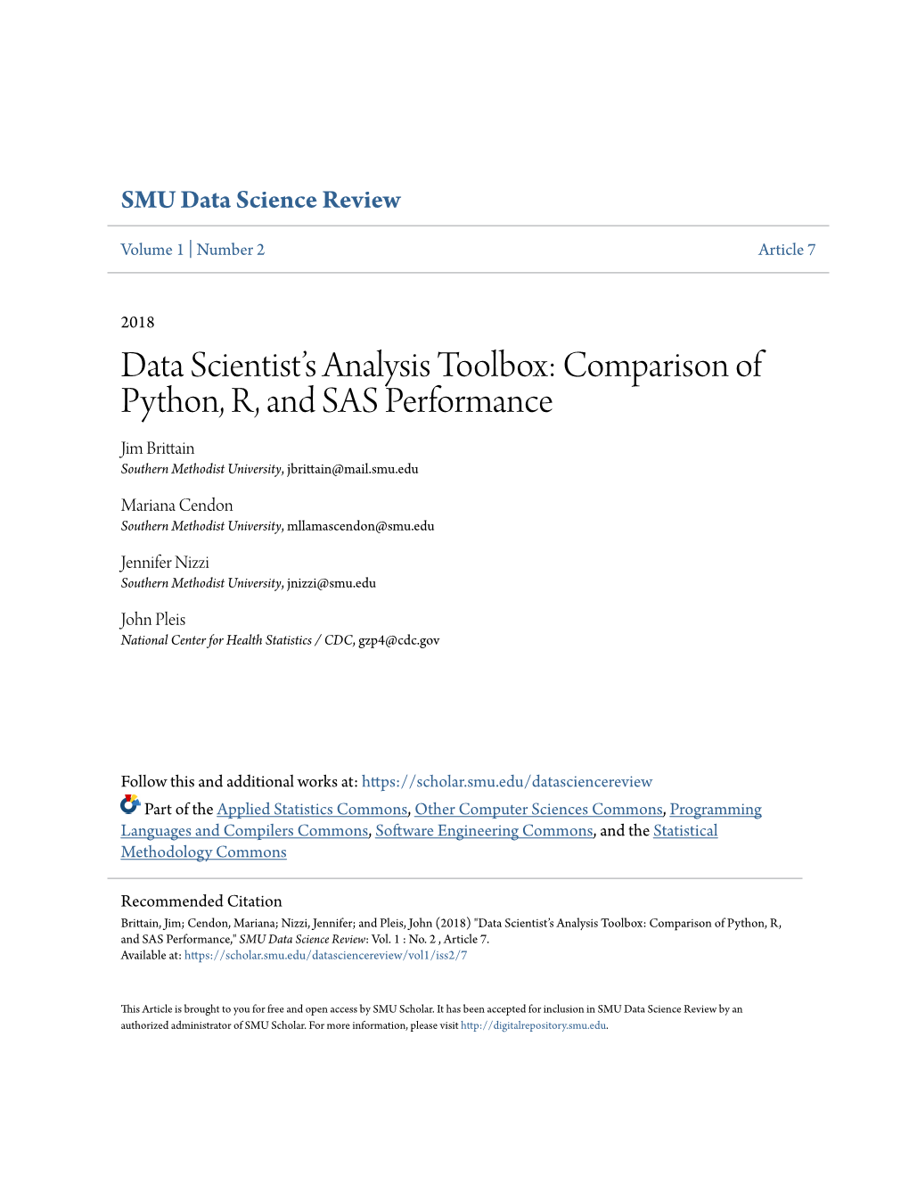 Data Scientist's Analysis Toolbox: Comparison of Python, R, and SAS