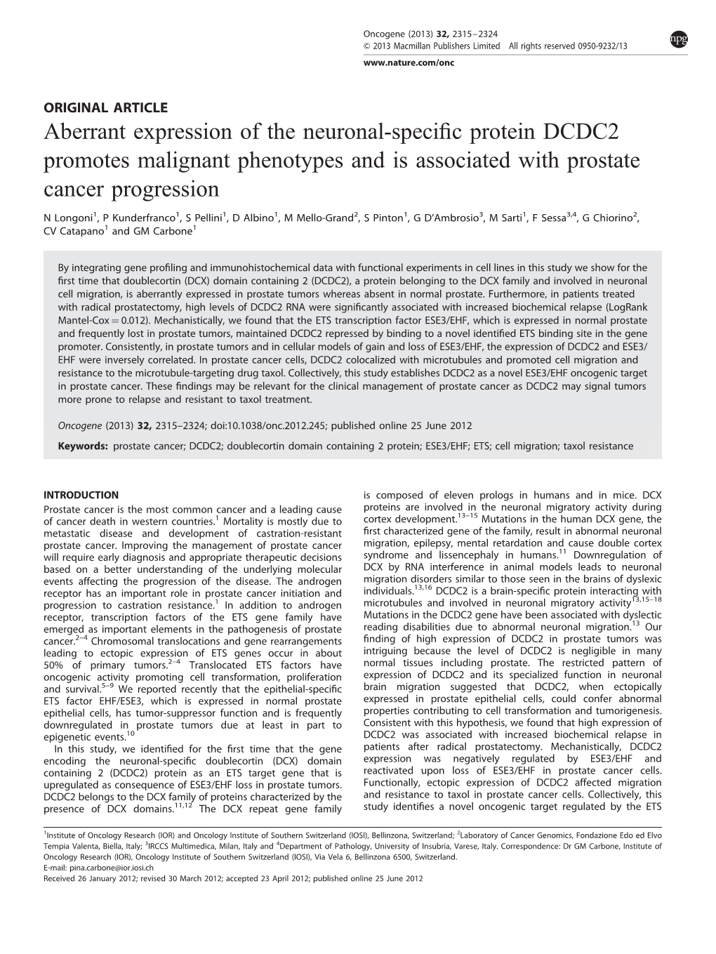 Aberrant Expression of the Neuronal-Specific Protein DCDC2