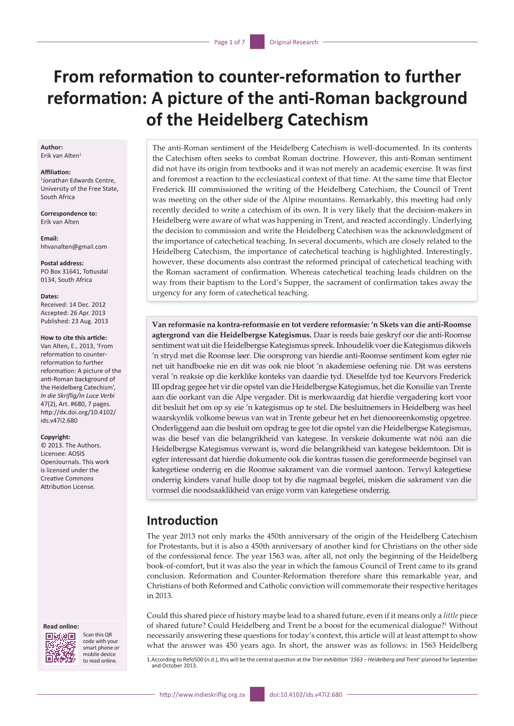 A Picture of the Anti-Roman Background of the Heidelberg Catechism