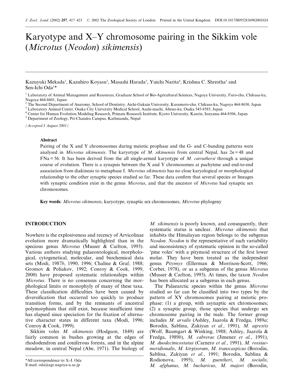 Karyotype and X–Y Chromosome Pairing in the Sikkim Vole (Microtus