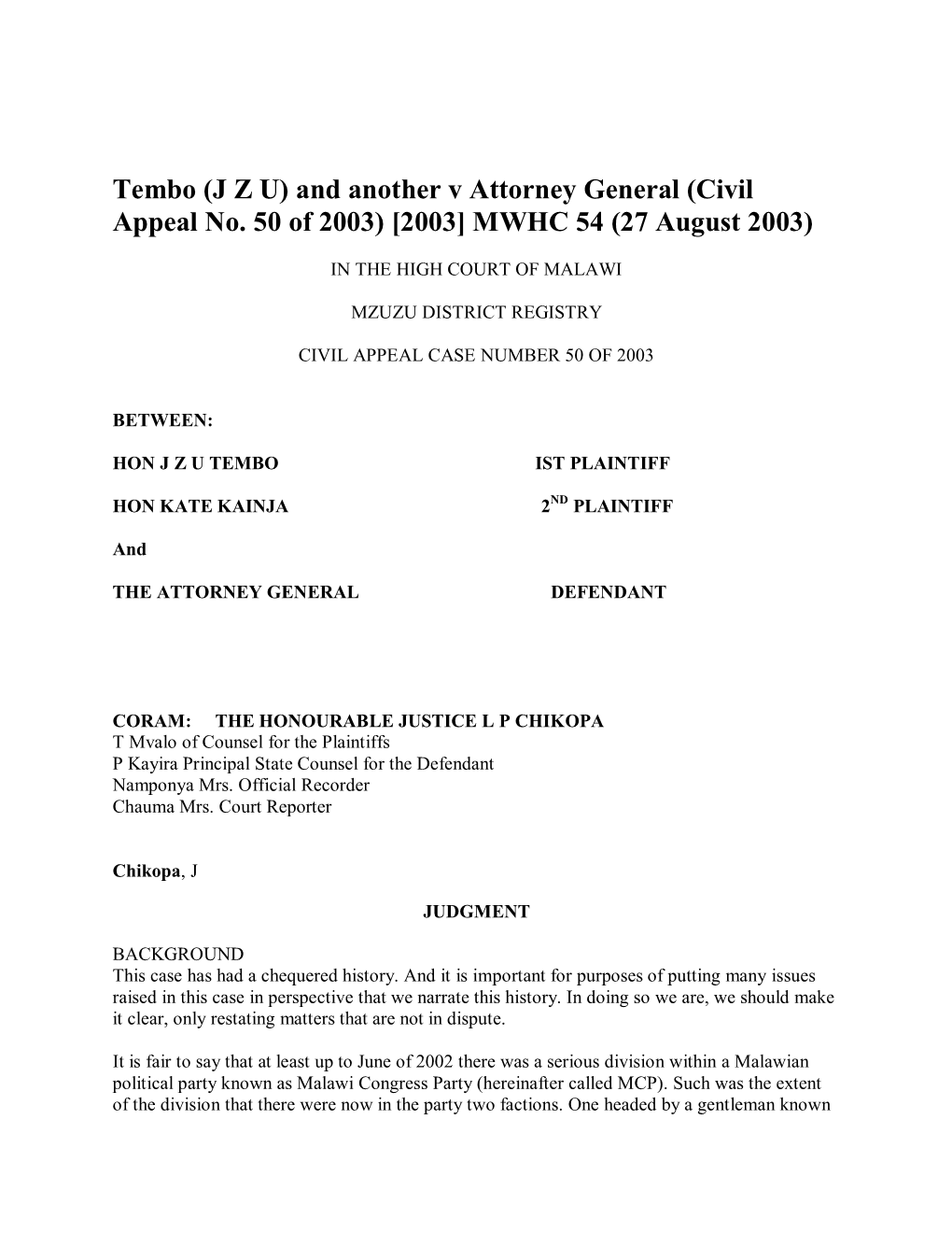 Tembo (J Z U) and Another V Attorney General (Civil Appeal No