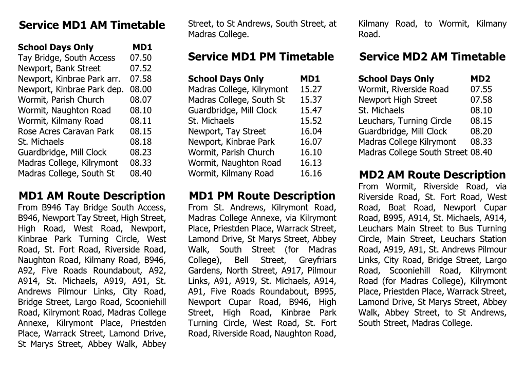 Service MD1 AM Timetable MD1 AM Route