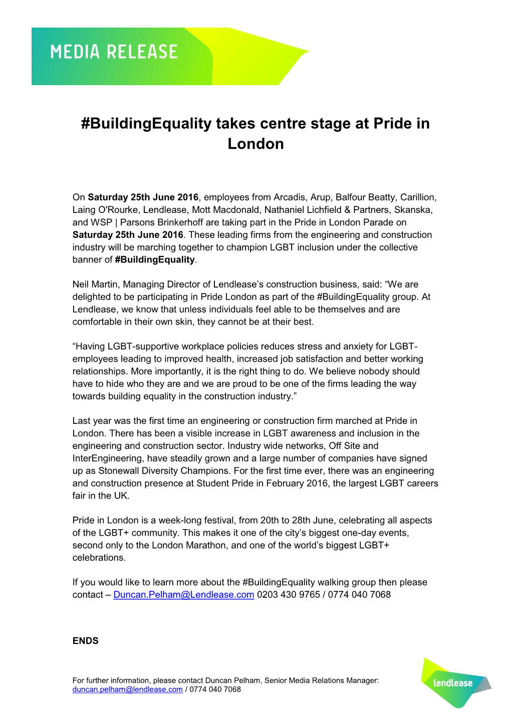 Buildingequality Takes Centre Stage at Pride in London