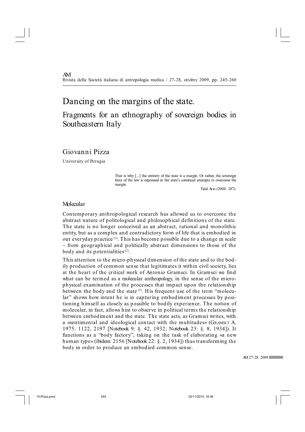 Dancing on the Margins of the State. Fragments for an Ethnography of Sovereign Bodies in Southeastern Italy