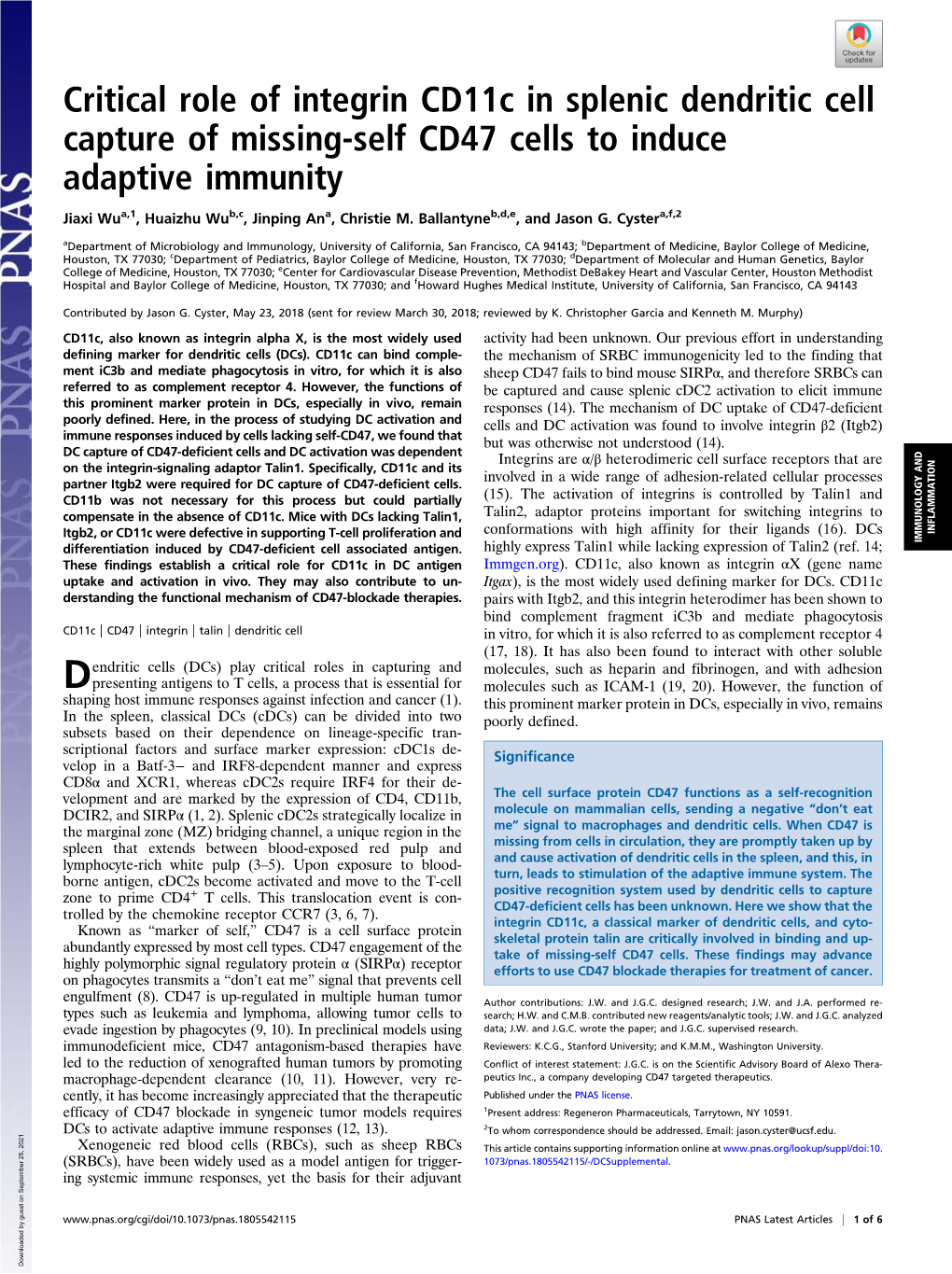 Critical Role of Integrin Cd11c in Splenic Dendritic Cell Capture of Missing-Self CD47 Cells to Induce Adaptive Immunity