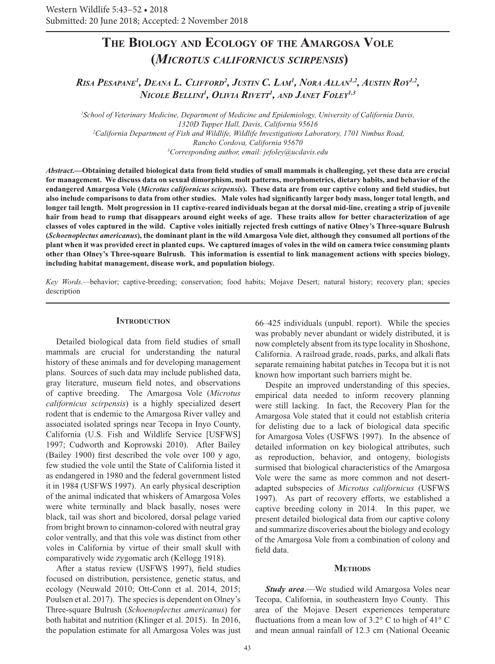 THE BIOLOGY and ECOLOGY of the AMARGOSA VOLE (MICROTUS CALIFORNICUS SCIRPENSIS Western Wildlife 5:43–52 • 2018 Submitted