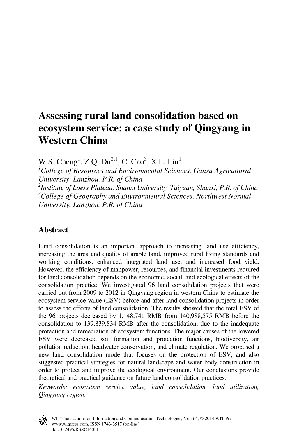 Assessing Rural Land Consolidation Based on Ecosystem Service: a Case Study of Qingyang in Western China