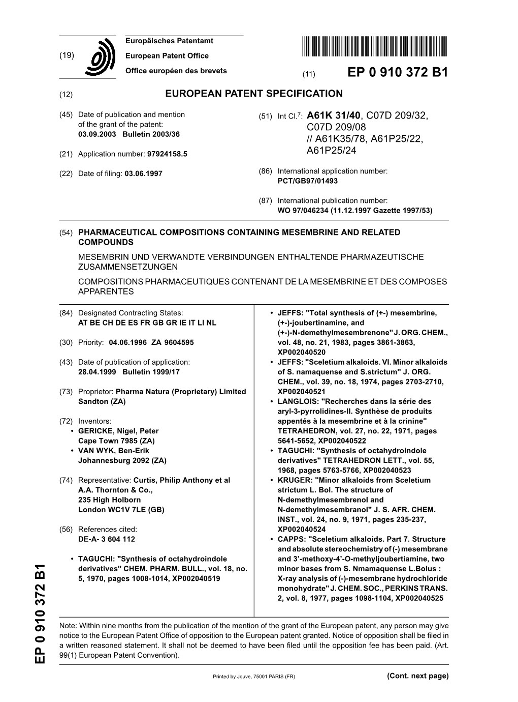 Pharmaceutical Compositions Containing Mesembrine And