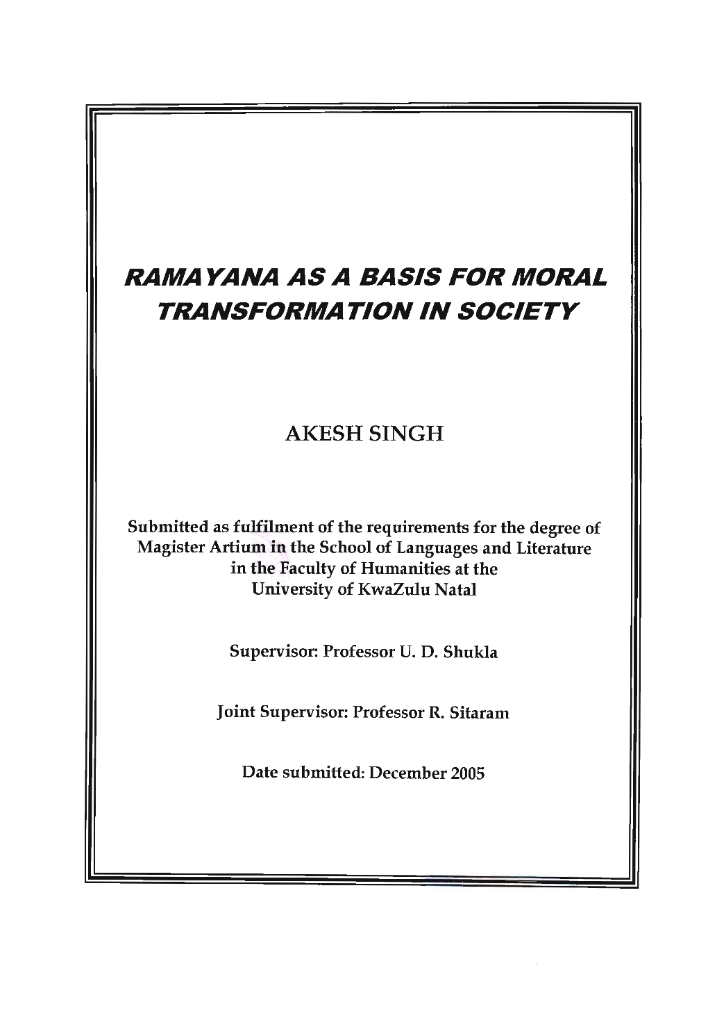 Rama Yana As a Basis for Moral Transformation in Society