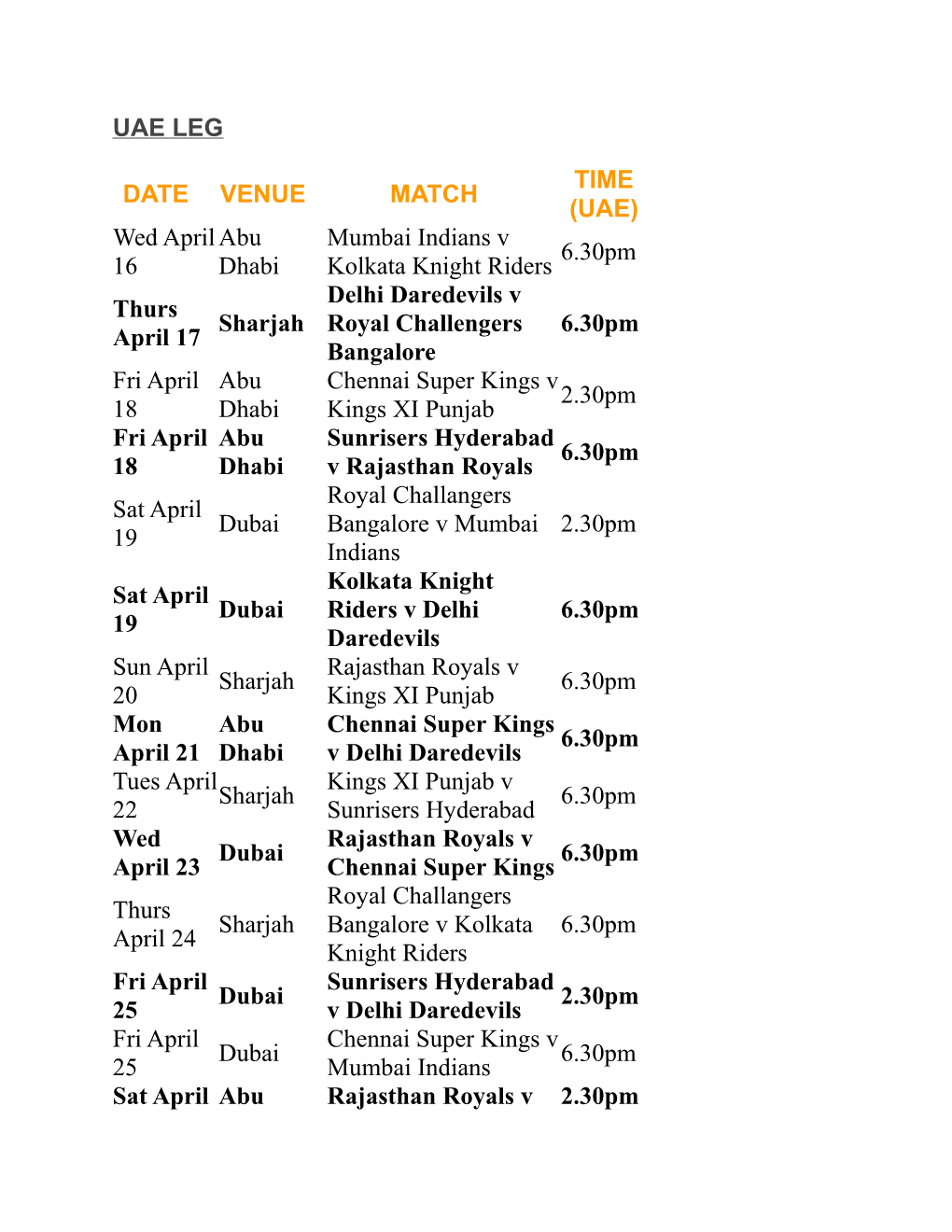 UAE LEG DATE VENUE MATCH TIME (UAE) Wed