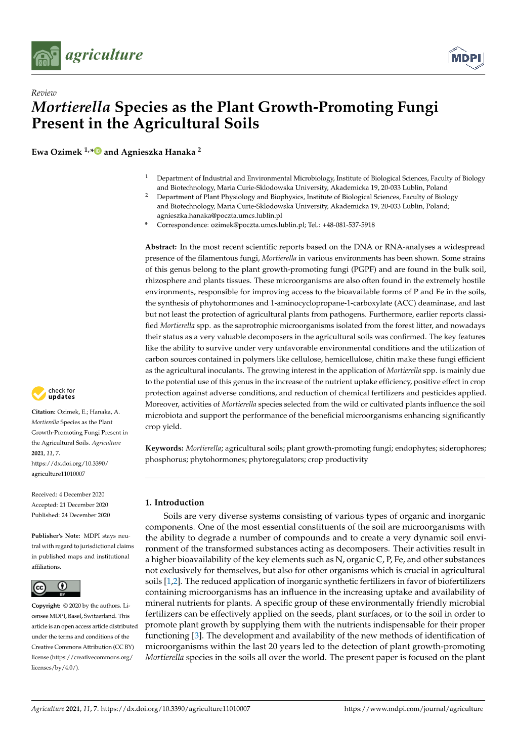 Mortierella Species As the Plant Growth-Promoting Fungi Present in the Agricultural Soils