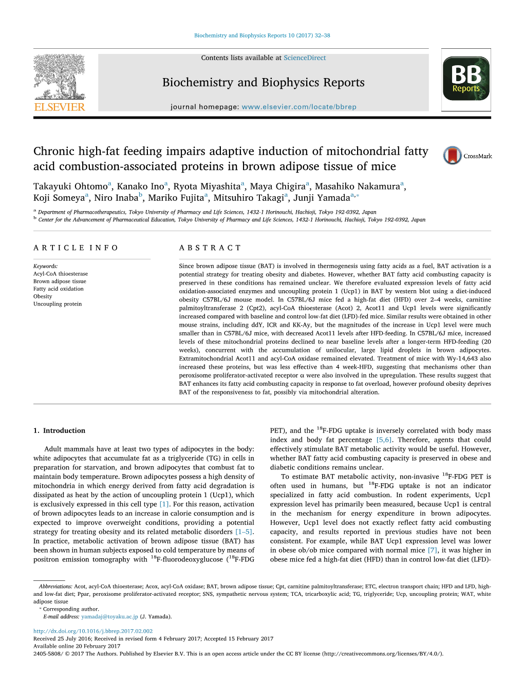 Chronic High-Fat Feeding Impairs Adaptive Induction of Mitochondrial Fatty MARK Acid Combustion-Associated Proteins in Brown Adipose Tissue of Mice