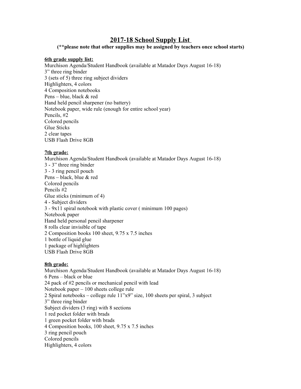 6Th Grade Supply List s1