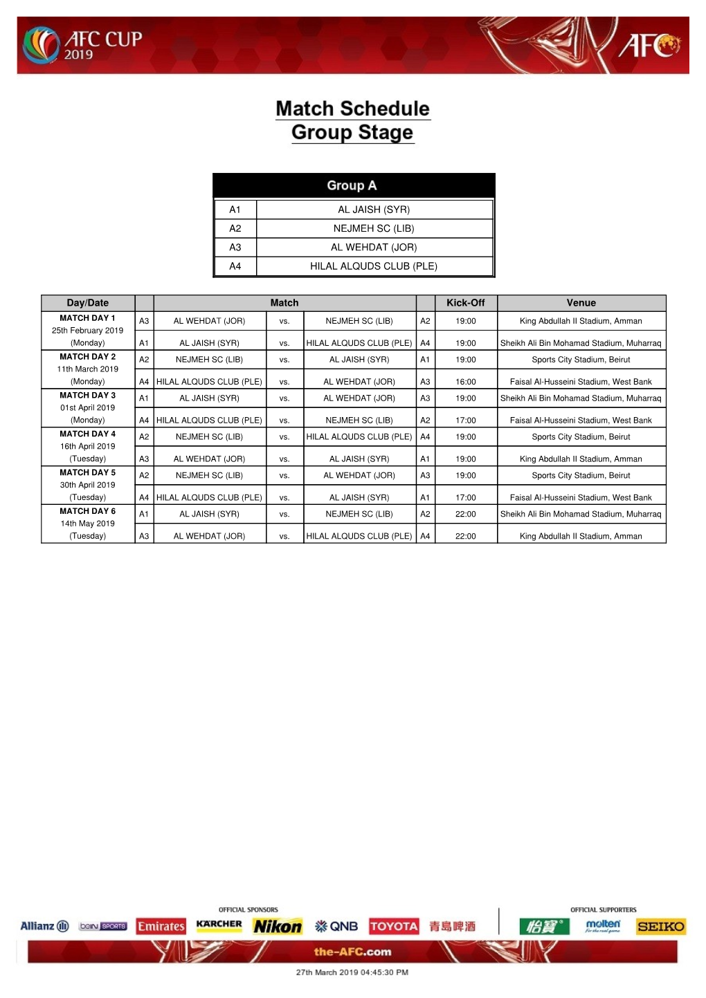 AFC Cup 2019 Match Schedule