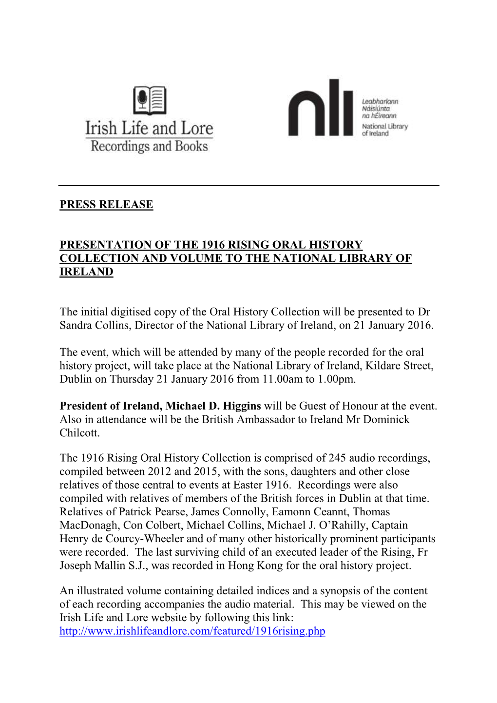 Presentation of 1916 Rising Oral History Collection and Volume To
