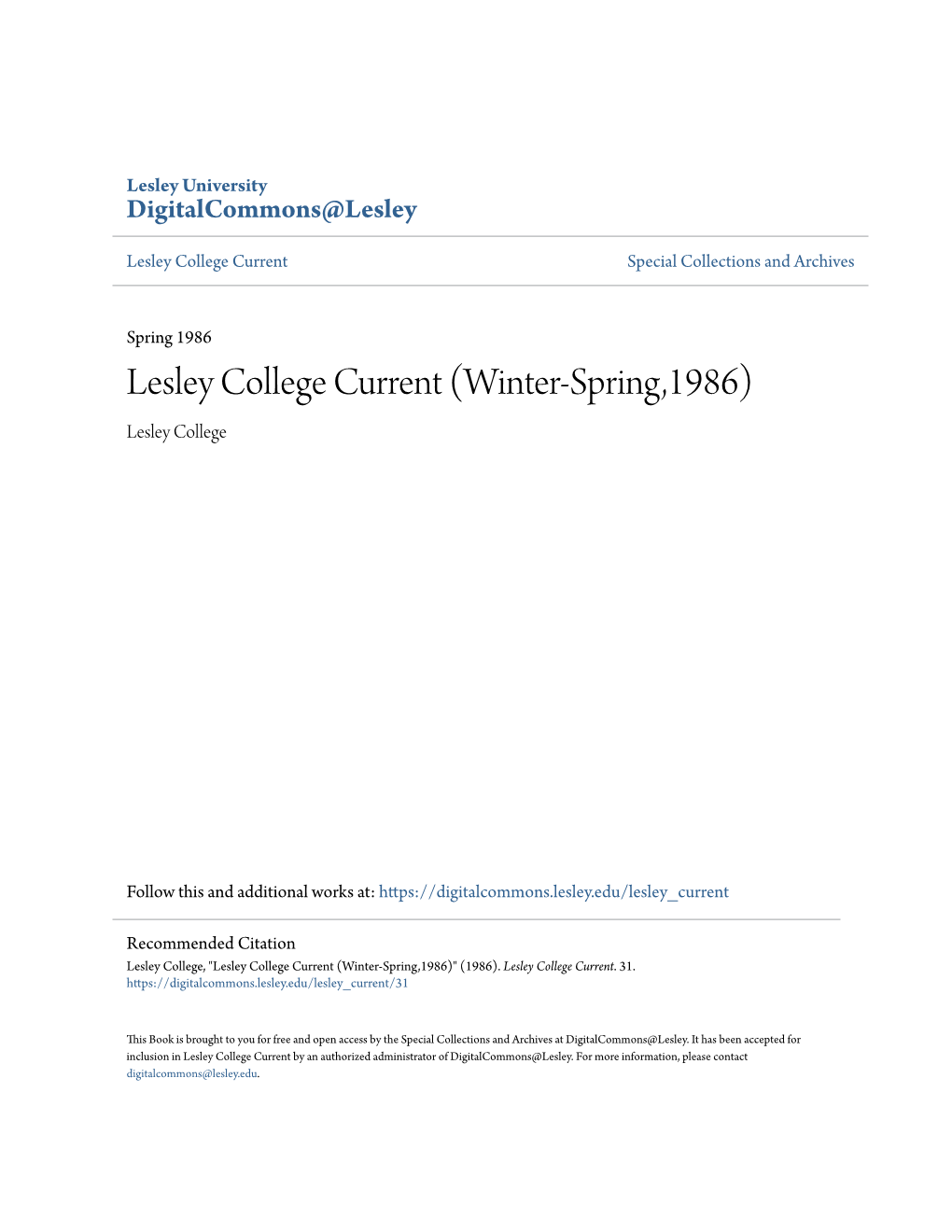 Lesley College Current (Winter-Spring,1986) Lesley College