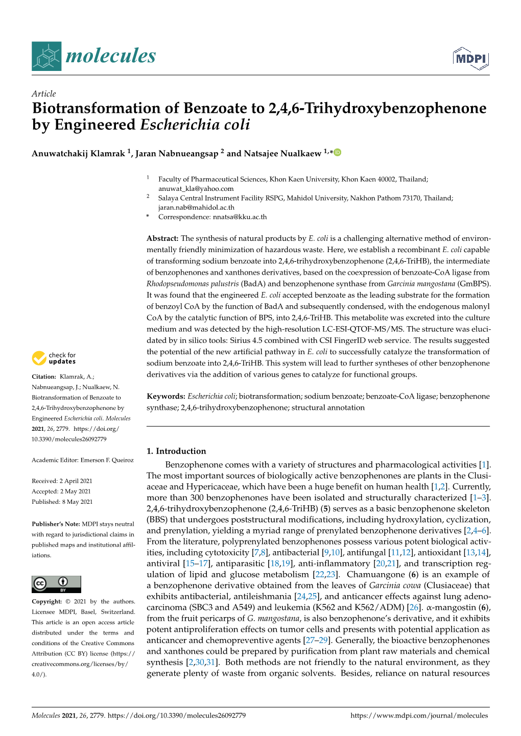 Biotransformation of Benzoate to 2,4,6-Trihydroxybenzophenone by Engineered Escherichia Coli
