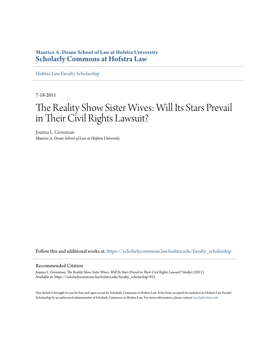 The Reality Show Sister Wives: Will Its Stars Prevail in Their Civil Rights