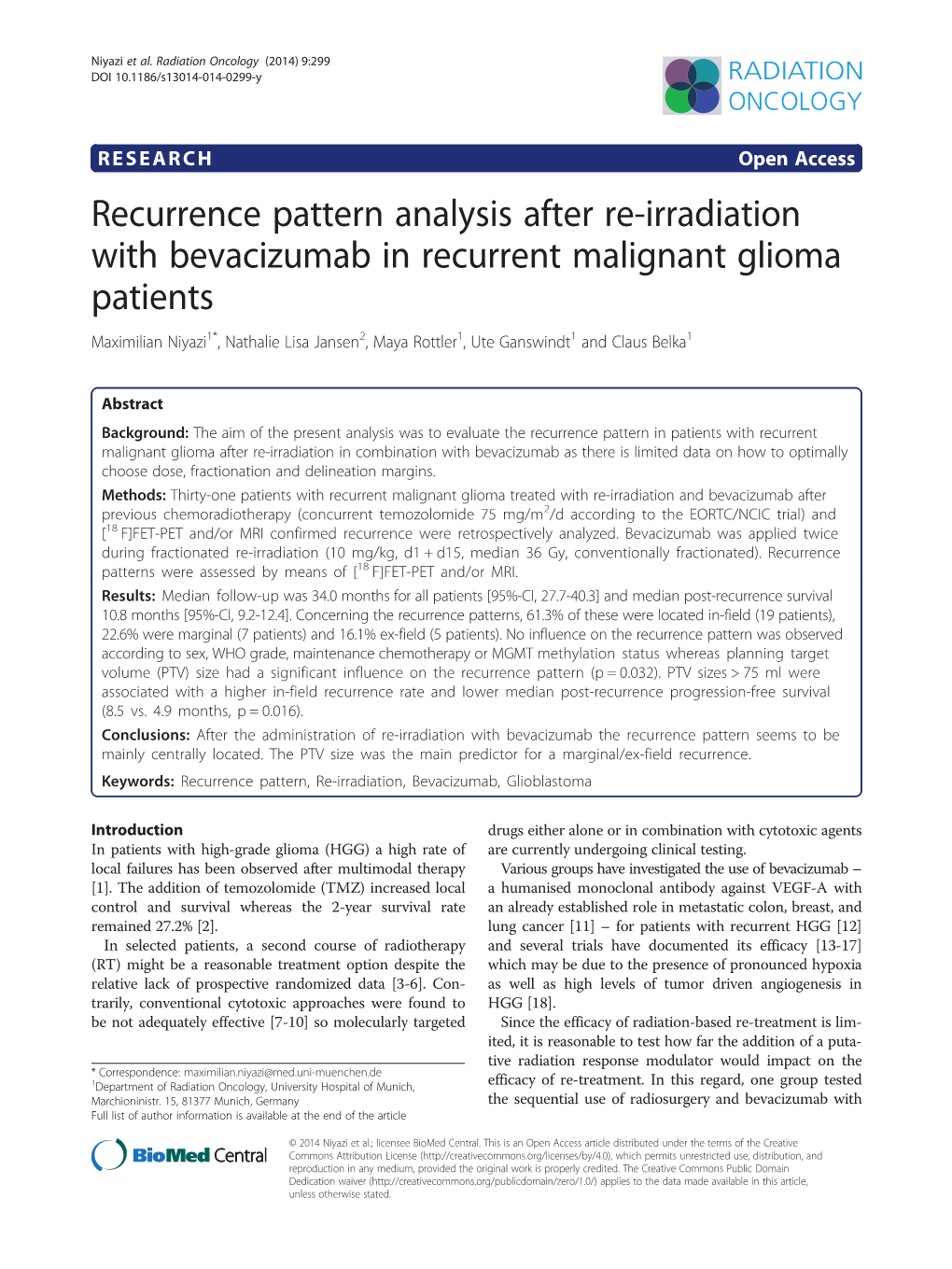 Recurrence Pattern Analysis After Re-Irradiation with Bevacizumab in Recurrent Malignant Glioma Patients