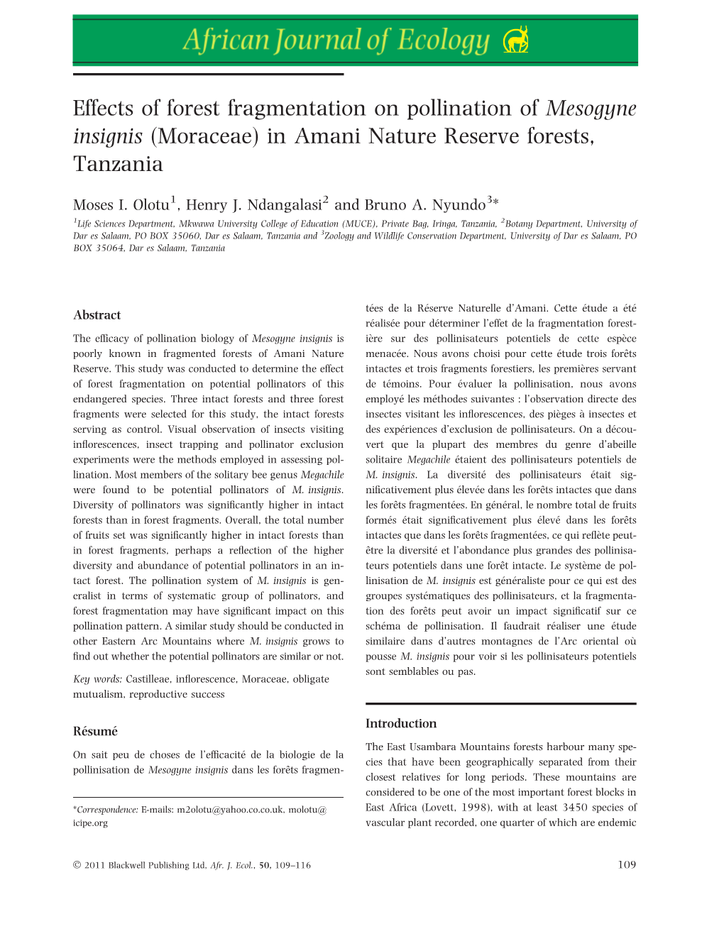 Effects of Forest Fragmentation on Pollination of Mesogyne Insignis (Moraceae) in Amani Nature Reserve Forests, Tanzania