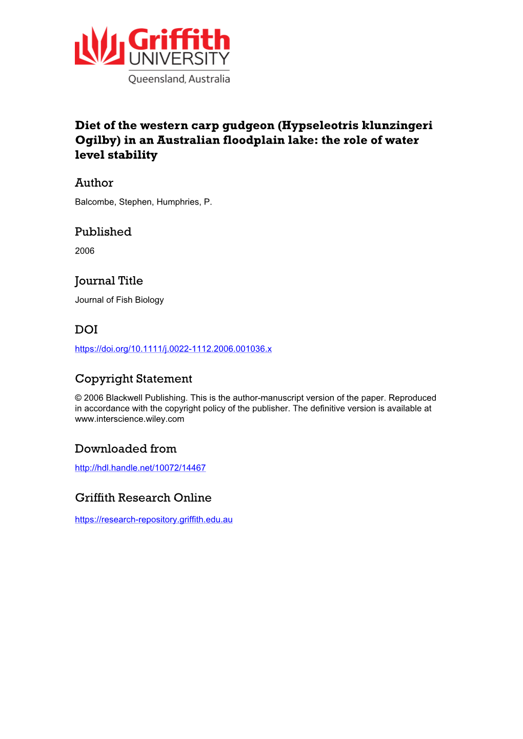 Diets of Gudgeons (Hypseleotris Spp.) in an Australian Floodplain Lake : the Role of Water Level Stability