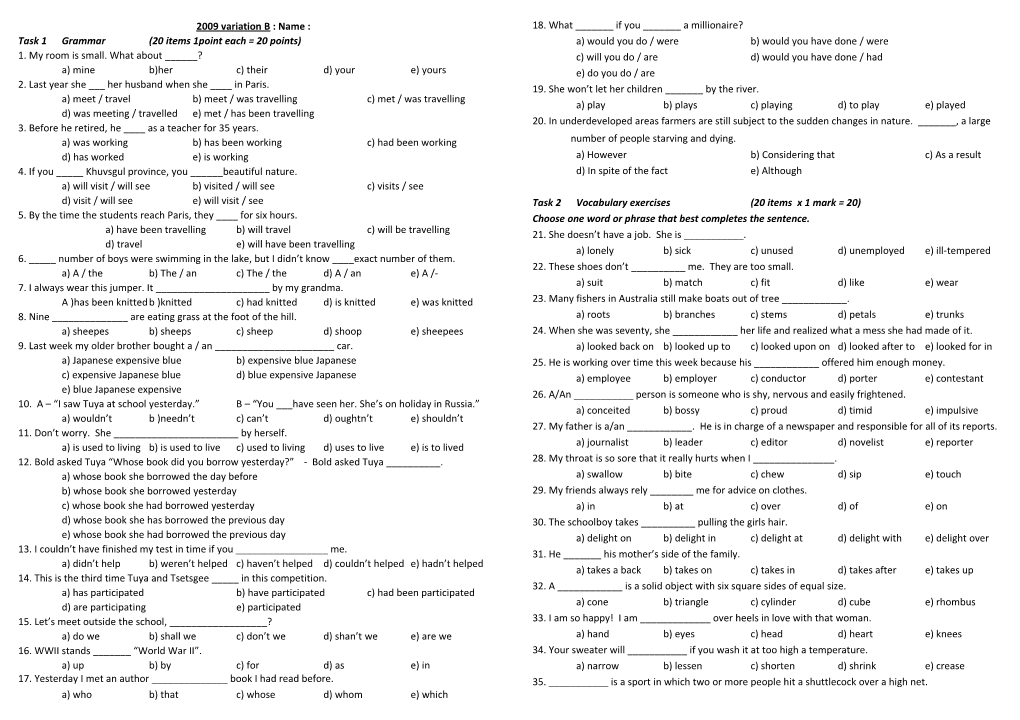 Task 1 Grammar (20 Items 1Point Each = 20 Points)