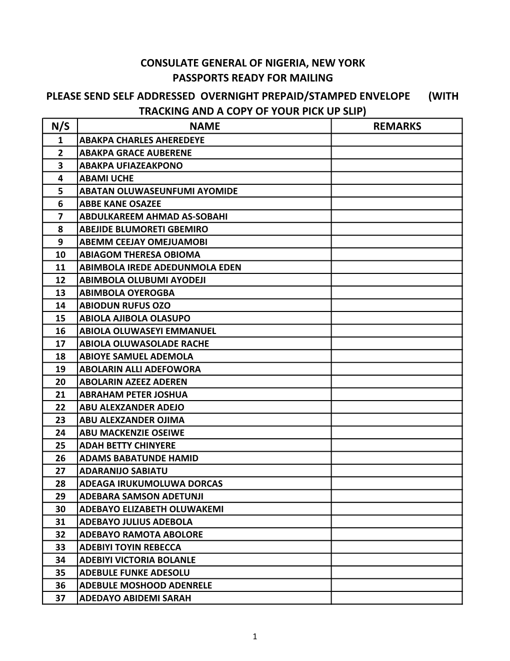 N/S Name Remarks Consulate General of Nigeria, New York Passports Ready for Mailing Please Send Self Addressed Overnight Prepai