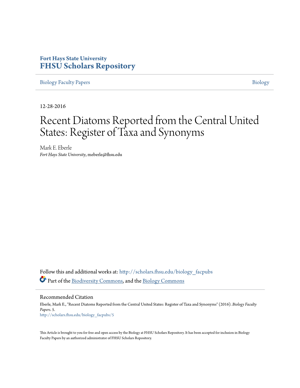 Recent Diatoms Reported from the Central United States: Register of Taxa and Synonyms Mark E