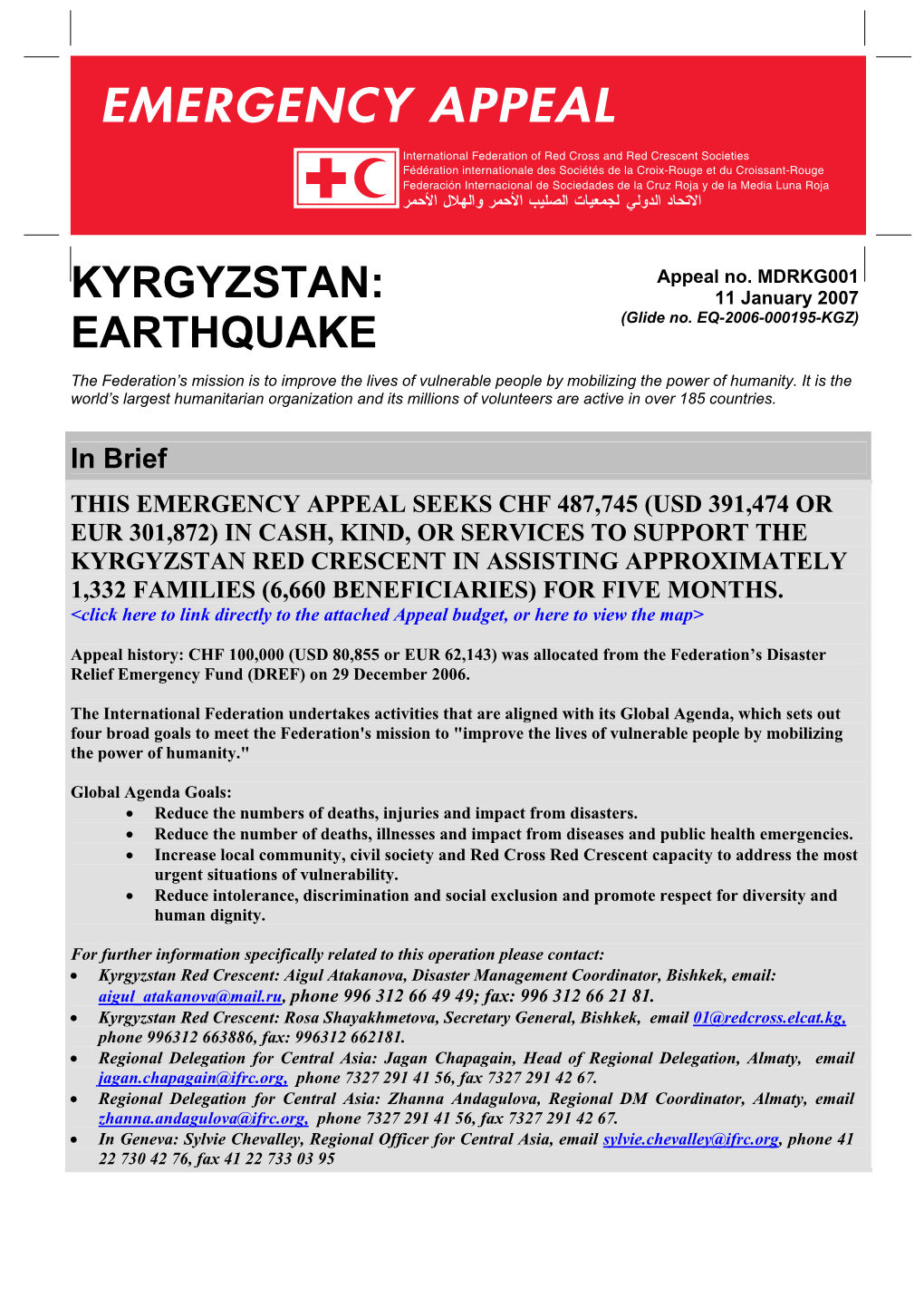 Kyrgyzstan: Earthquake; Appeal No