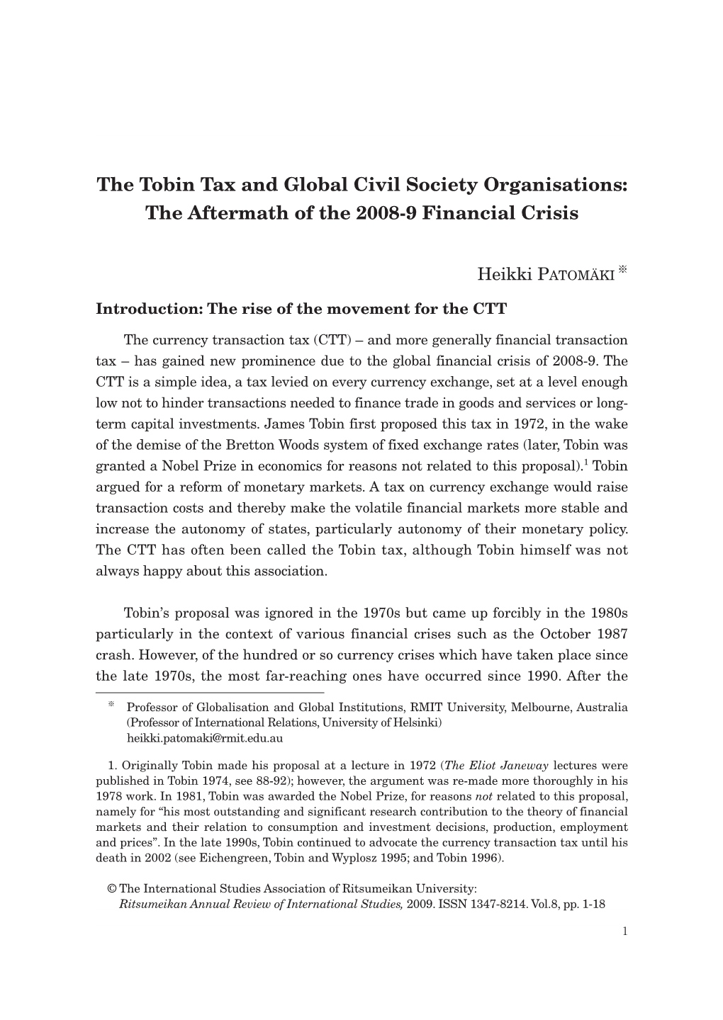 The Tobin Tax and Global Civil Society Organisations: the Aftermath of the 2008-9 Financial Crisis