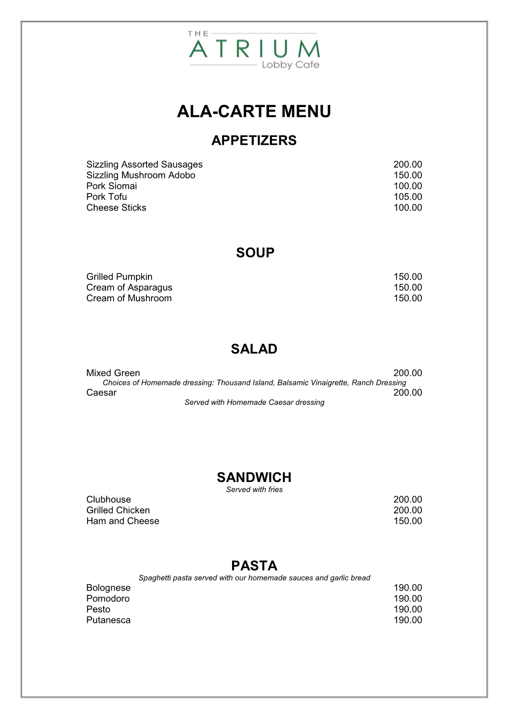 Ala-Carte Menu Appetizers