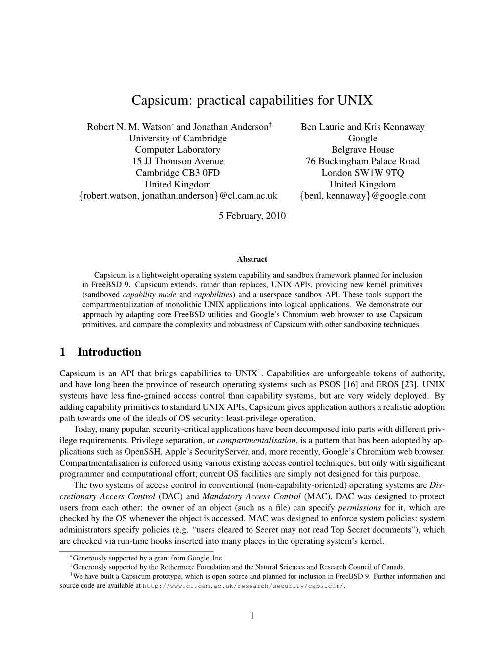 Capsicum: Practical Capabilities for UNIX