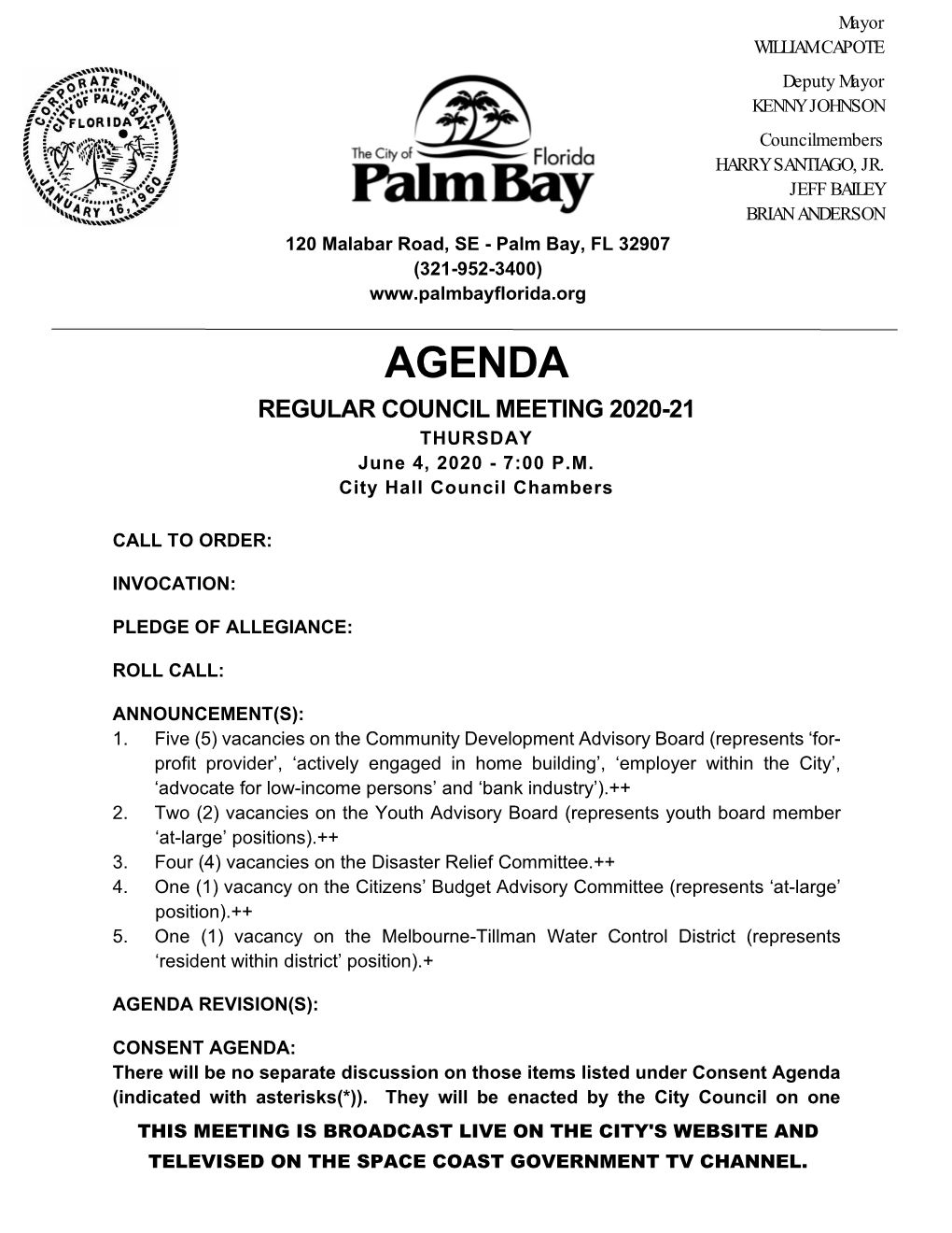 City of Palm Bay, Florida, June 4, 2020, Regular Council Meeting Agenda