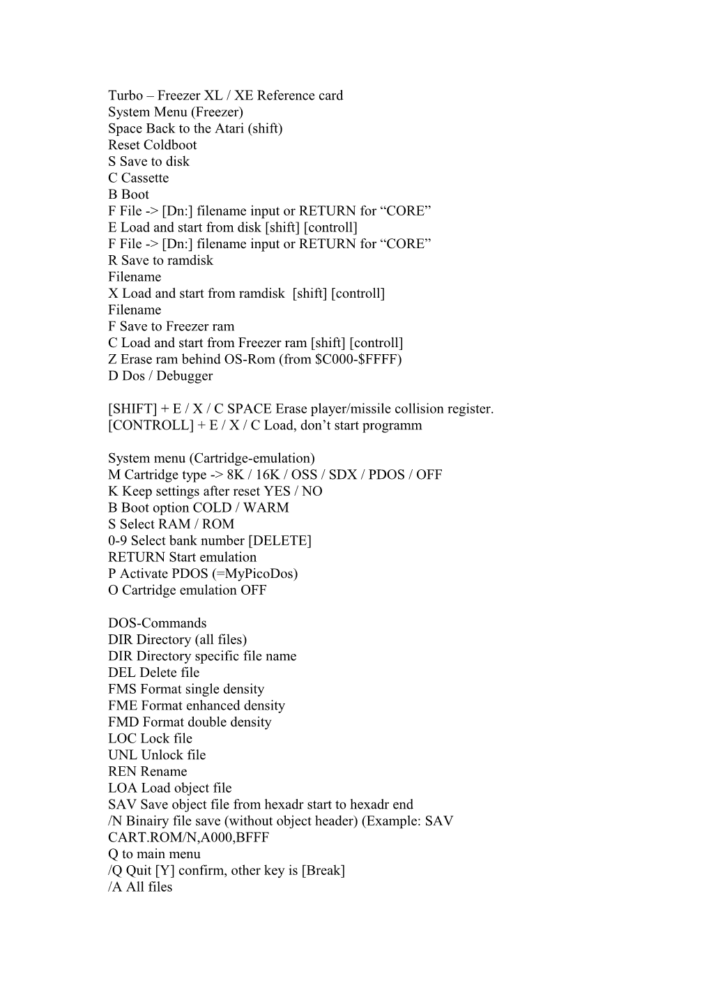 Turbo Freezer XL / XE Reference Card