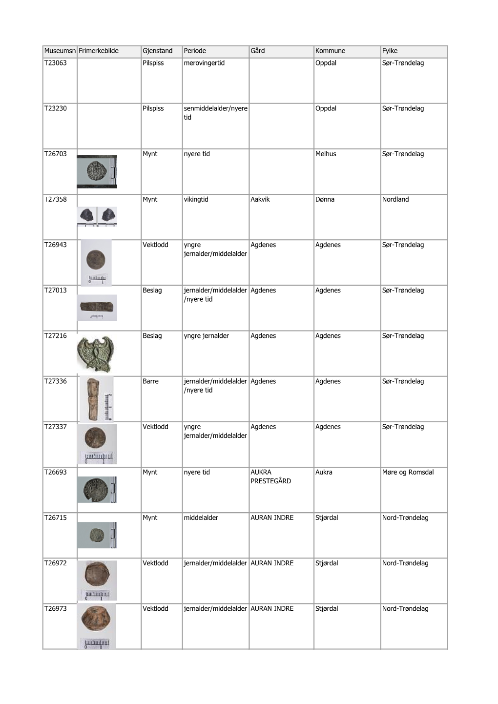 List Over Metal Detector Finds from Central Norway