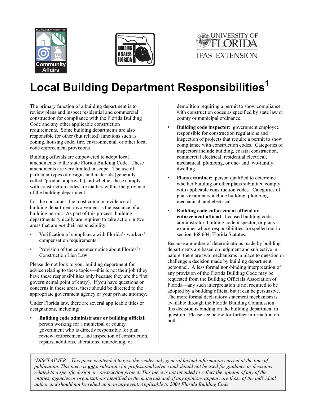 Responsibility of the Building Department