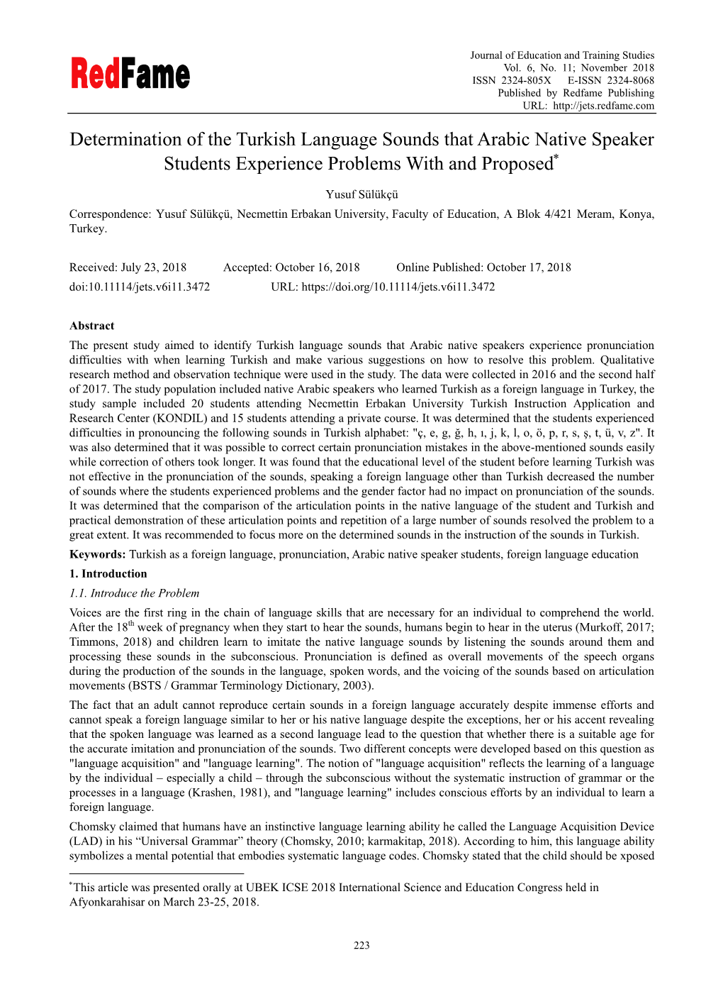 Determination of the Turkish Language Sounds That Arabic Native Speaker Students Experience Problems with and Proposed