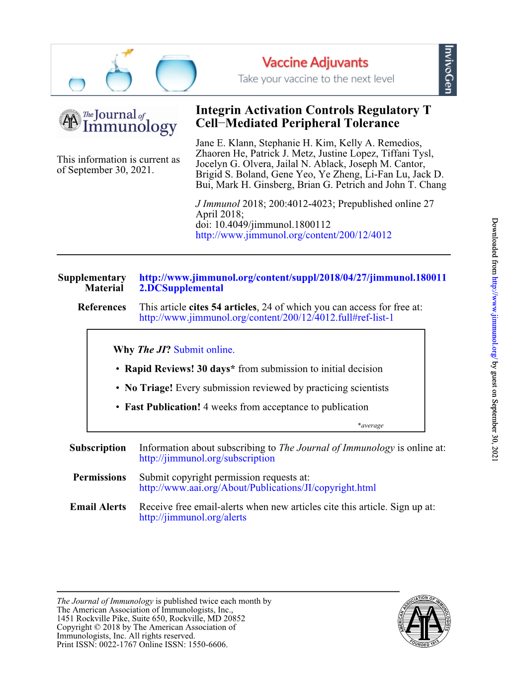 Integrin Activation Controls Regulatory T Cell–Mediated Peripheral Tolerance