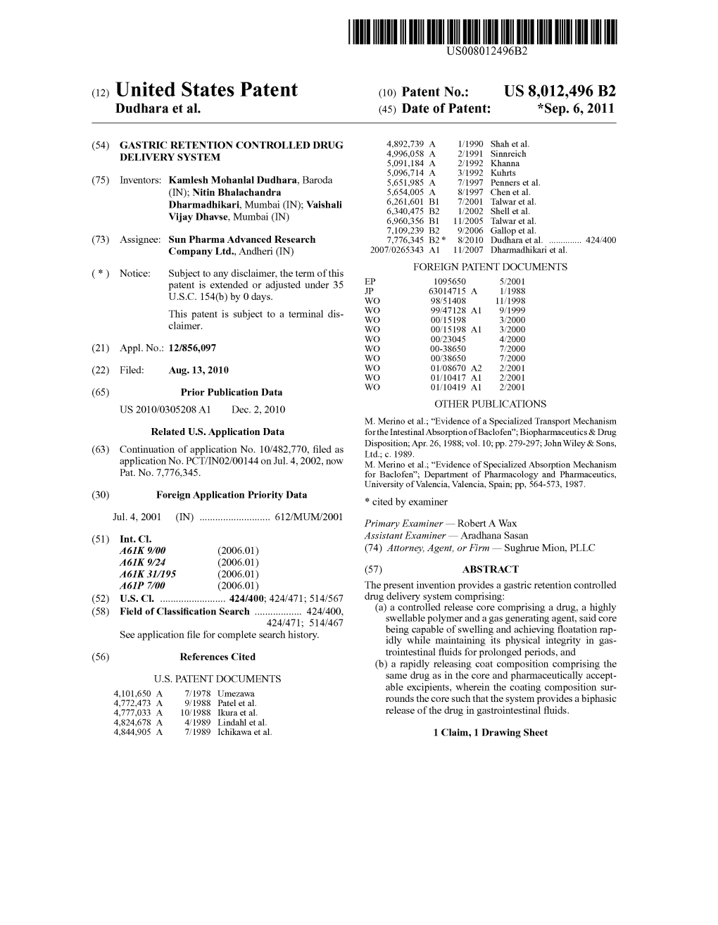 (12) United States Patent (10) Patent No.: US 8,012.496 B2 Dudhara Et Al